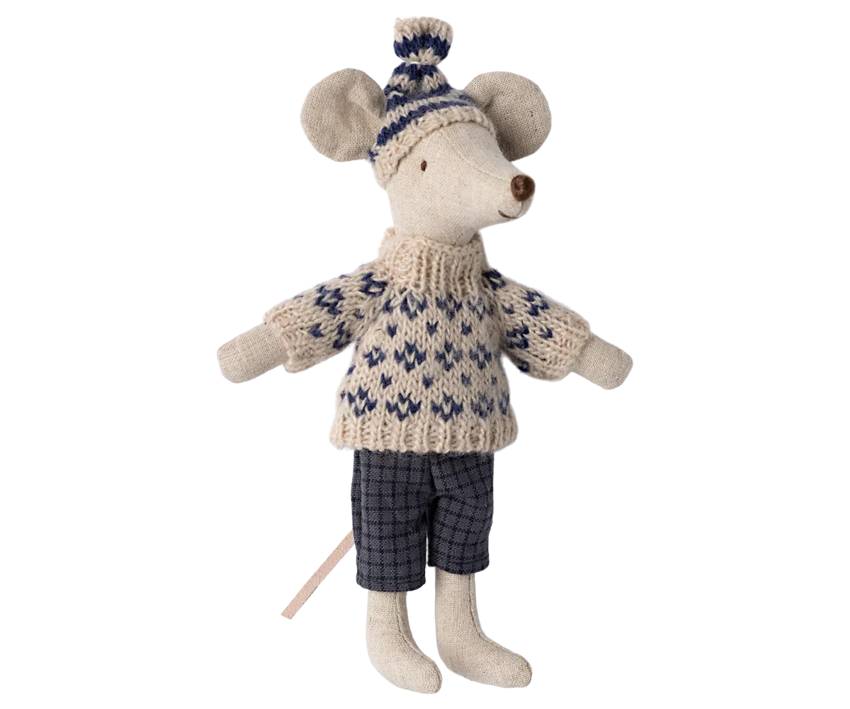 Maileg Winter mouse with ski set, Dad - Blue
