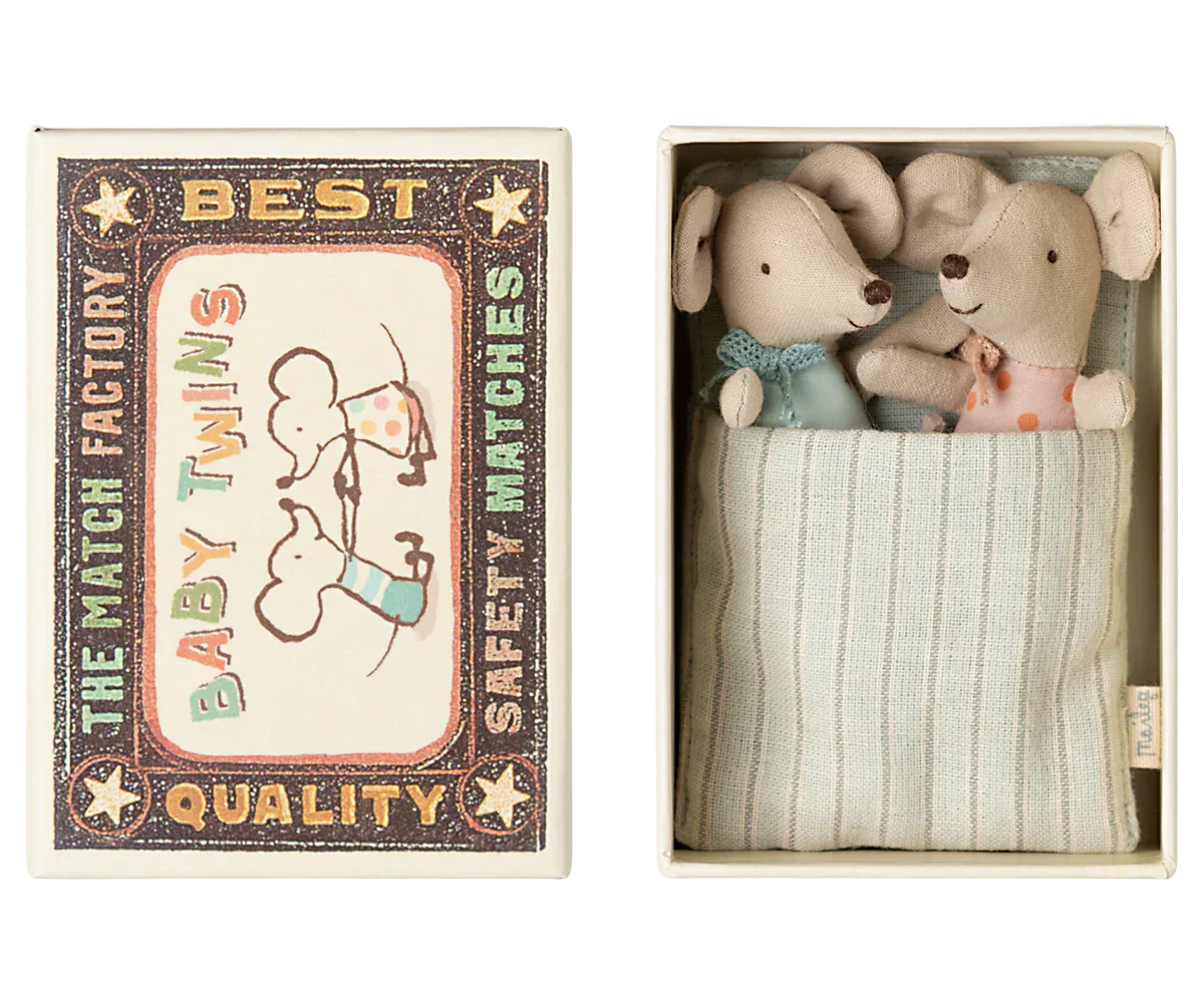 Maileg Twins, Baby Mice in Matchbox Stars/Dots