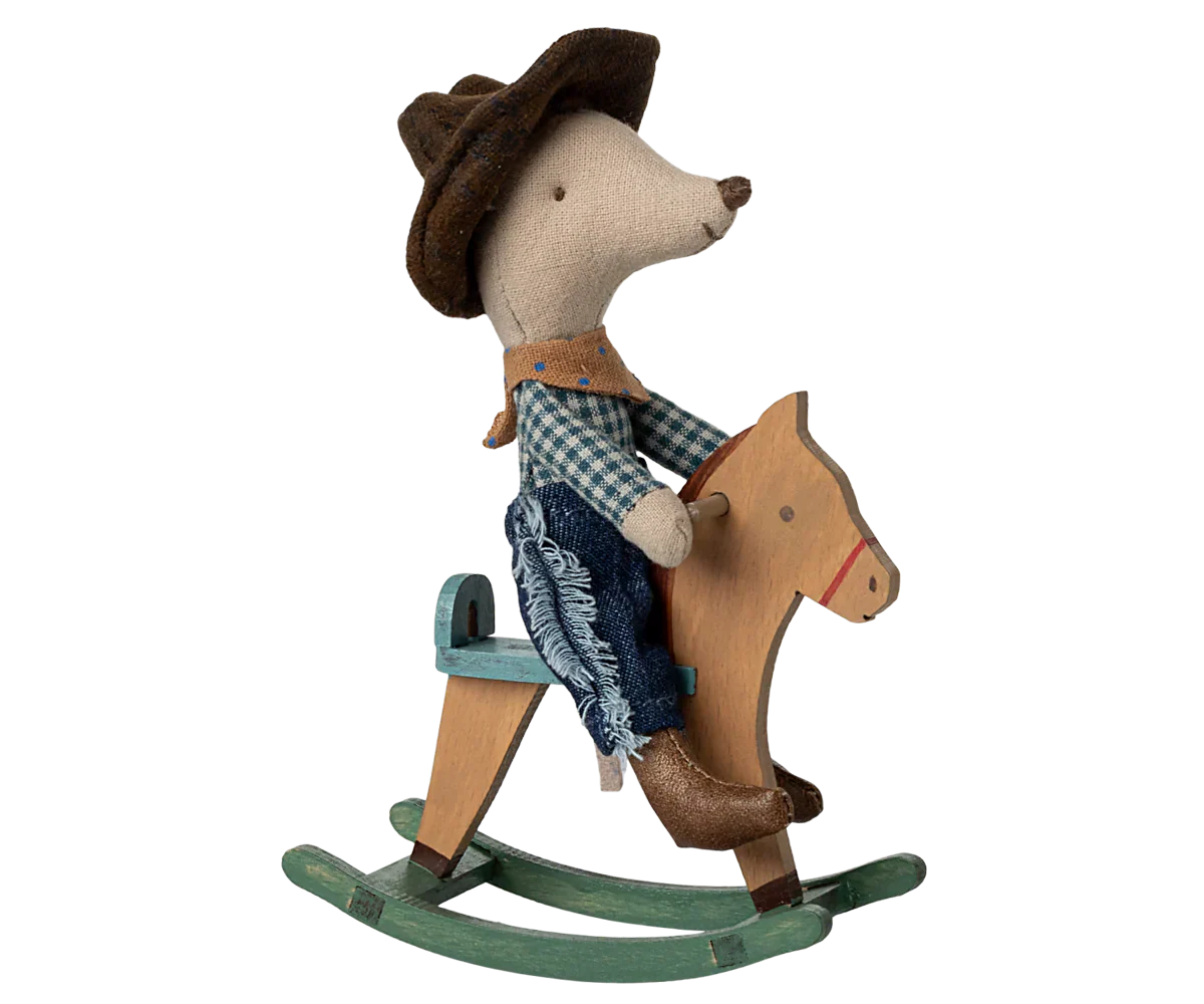 Maileg Cowboy mouse on rocking horse, Little brother